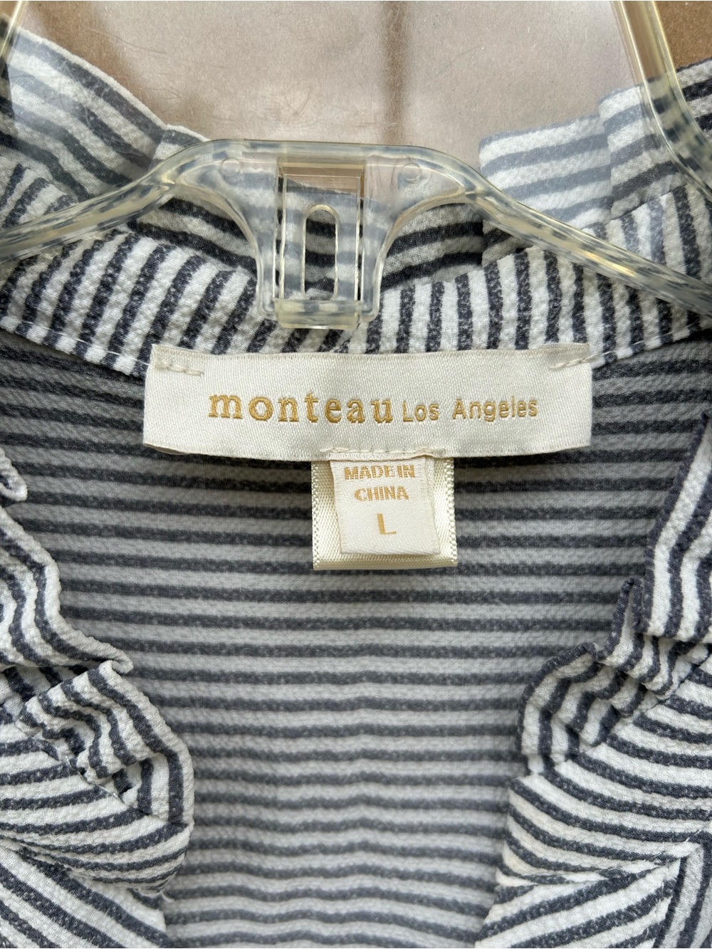 Monteau Peplum Stripped Blouse Ruffle Neck Long Sleeve v-neck Medium Grey White - Picture 3 of 8